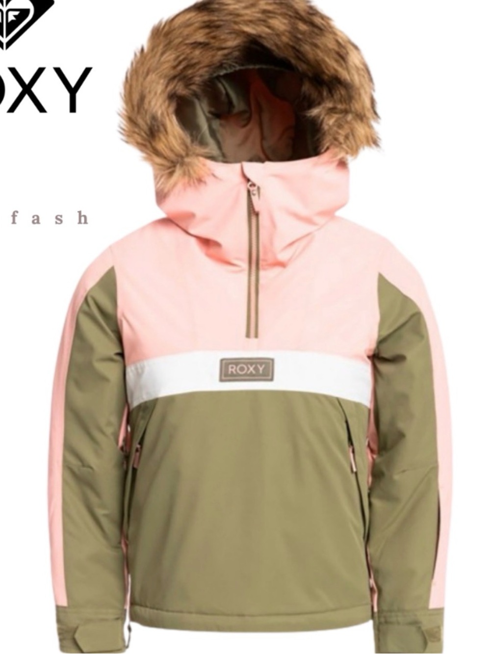 Roxy Girls Shelter Lichen Green & Pink Pullover Parka Snow Faux Fur Hood L 12Y